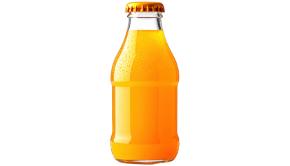 A glass bottle filled with bright orange liquid, capped and set against black