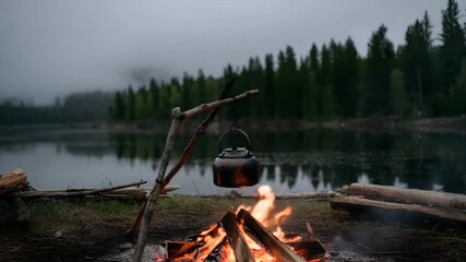 Cozy campfire scene at misty lake with kettle boiling, perfect for outdoor adventure promotion