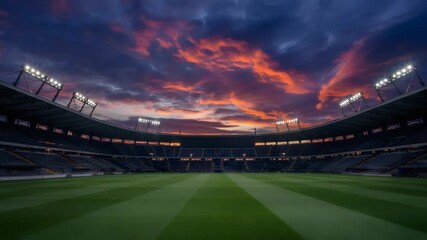 Dramatic sunset over stadium shows vibrant sports scene with anticipation for the big game