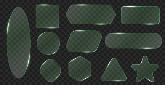 Transparent neon glass frames. Empty green planes for text, different geometric shapes, graphic design ui elements, glowing edges, rectangle, circle form, qualitative vector isolated set