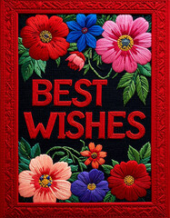 Best Wishes card, Embroidered red upper case letters text on black with colorful flowers 