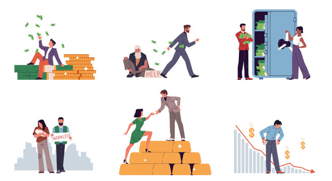 Poor and rich people. Different salary, billionaire, homeless family, gold coins and bullion, green banknotes, material values. Business bankrupt. Nowaday vector cartoon flat isolated set