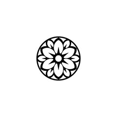 Simple geometric flower icon in a circle, black and white line art vector for a logo or decorative element