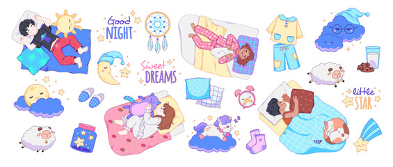 Fototapeta premium Good night cute elements. Sleeping little children, funny kids in beds, boys, girls in pajamas with soft toys, happy dream kawaii baby character, cartoon flat isolated tidy vector set