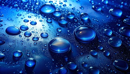 Water drops on dark blue glass surface creating a mesmerizing abstract moisture texture with reflective glossy highlights, cool tones, detailed close-up pattern, artistic background, sparkling droplet