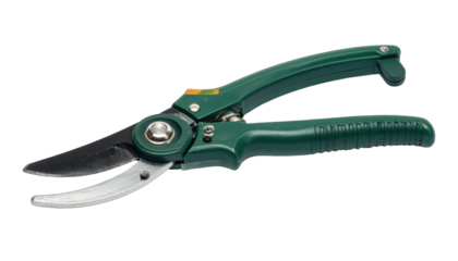 A pair of green garden shears with curved blade and ribbed handle, isolated