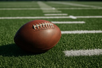 Close-up of American football lying on green field with white yard lines, symbolizing sport, teamwork, and competition under stadium lighting setup. Ai generative