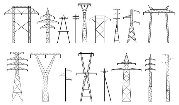 Electric poles. Different types voltage pylons with wires, electric lines, energy transmission, high voltage tower constructions, equipment qualitative vector black silhouette isolated set