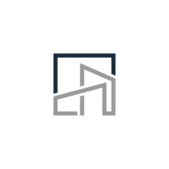 Modern minimalist logo icon with a gray abstract architectural outline inside a dark square frame, representing real estate or construction