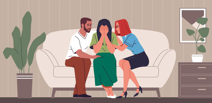 Consoling crying person. Friends support woman in tears, sad depressed person, negative emotions, trying to comfort, hugging, mental health, cartoon flat isolated nowaday vector concept