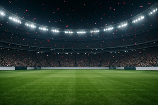 Empty football stadium with green grass and confetti under night lights, celebrating sport event concept with crowd in background. Ai generative