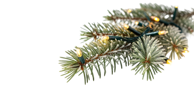 Christmas lights wrapped around a pine branch, glowing warmly with frosted needles, isolated on white
