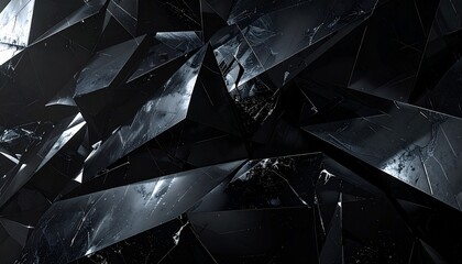 Dark obsidian glass texture with fractured reflections and sharp shadow geometry, creating a mysterious, dramatic, and sophisticated visual effect, ideal for background designs, abstract art, architec