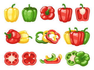 Cartoon bell pepper. Bright juicy vegetables, sweet red yellow and green, whole, halved and cut, fresh organic farm food, cooking seasoning ingredient, classy vector isolated set