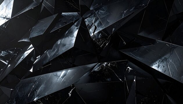 Dark obsidian glass texture with fractured reflections and sharp shadow geometry, creating a mysterious, dramatic, and sophisticated visual effect, ideal for background designs, abstract art, architec