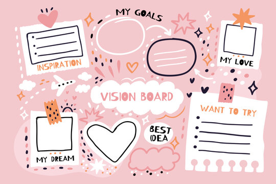 Fototapeta Blank vision board. Mood and dreams notes template, to do list, goals planner, inscriptions place, notebook sheet template, doodle collage style, cartoon flat isolated garish vector set