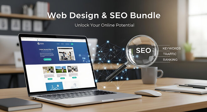 Web design and seo bundle concept with laptop displaying website analytics and magnifying glass highlighting search engine optimization