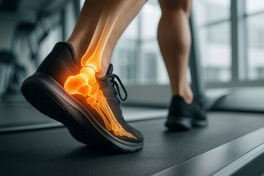 Close-up of runner's foot on treadmill with glowing ankle bones highlighting joint anatomy in motion during workout in fitness center. Ai generative. Ai generative