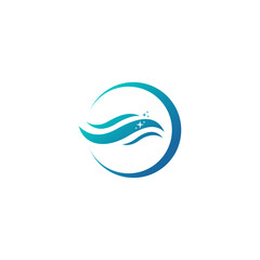 Abstract circular logo with blue gradient waves and sparkles. A modern symbol for water, cleaning services, or purity, isolated on a white background