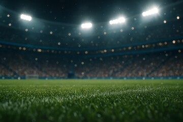 Close-up view of green soccer field grass under stadium lights with blurred crowd in background and glowing particles floating in night atmosphere. Ai generative
