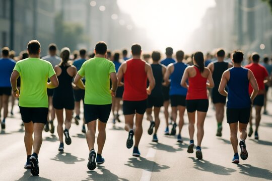 Group of athletes running together in city marathon wearing colorful sportswear on sunny day, viewed from behind, showing unity and fitness concept. Ai generative