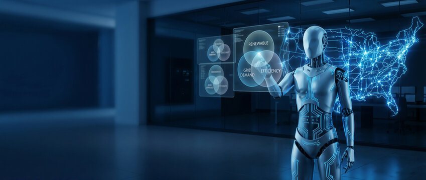 Humanoid Robot Interacting with Holographic Data Interface and Digital US Map in a High-Tech Server Room