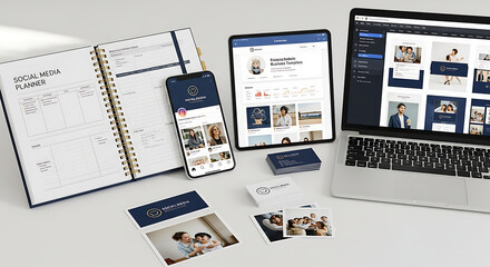 Collection of modern digital devices and printed materials displaying a consistent brand identity on a light surface