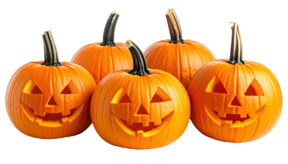 Five orange, smiling jack-o'-lanterns against a black background