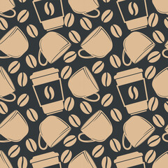 Coffee cup with coffee bean seamless pattern. Vector illustration