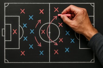 Tactic planning strategy on blackboard showing soccer field with red and blue team formations and arrows drawn by hand using chalk conceptually.. Ai generative
