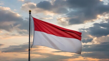 Indonesian flag waving proudly against dramatic sunset sky, symbol of national pride - Powered by Adobe