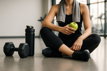 Woman in black fitness outfit holding green apple while sitting on gym floor with water bottle and dumbbell beside, promoting healthy lifestyle concept. Ai generative