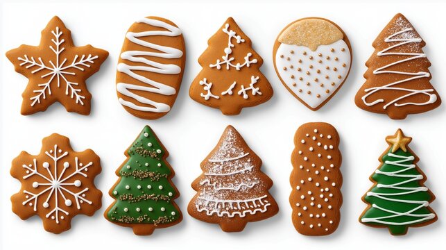 A row of gingerbread cookies with white icing and green icing on them