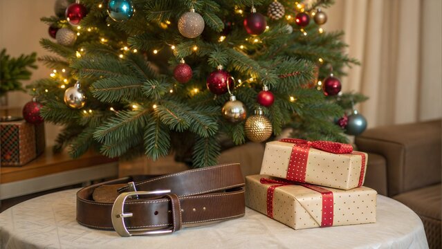 Christmas background with Christmas tree, belt and gifts