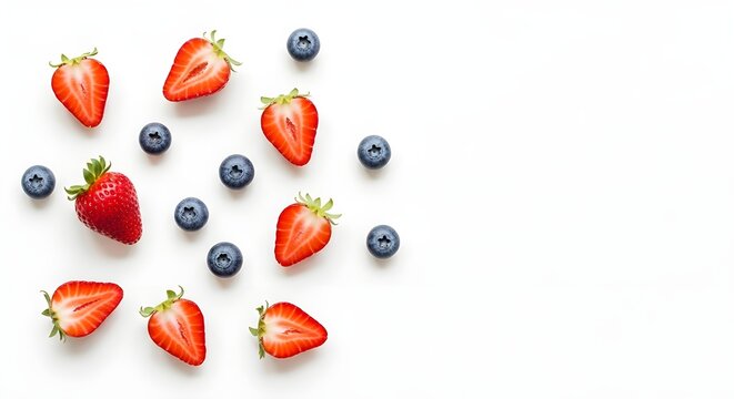 Fresh strawberries and blueberries scattered on a white background with copy space