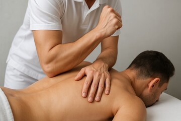 Male therapist performing deep tissue massage on back of male client during physical therapy session in clinical setting for sport recovery concept. Ai generative