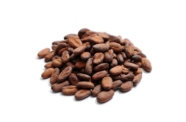 Fresh cacao beans on white background