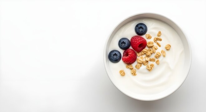 Healthy yogurt bowl with berries and granola on white background