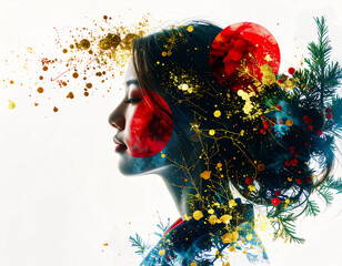 横顔のシルエットに、針葉樹の緑と赤い実、そして金箔の飛沫が重ねられた多重露光アート。和の美意識とホリデーの華やかさが融合した、神秘的で生命力あふれるポートレート。