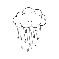 Hand-drawn rain cloud line art. Simple black and white doodle of falling raindrops. Weather vector illustration isolated on white background.
