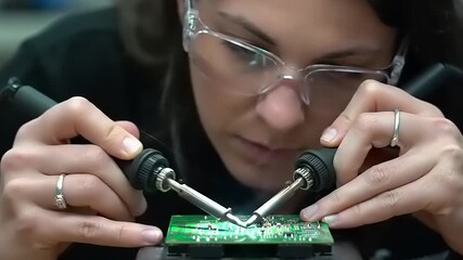 Woman soldering circuit board.