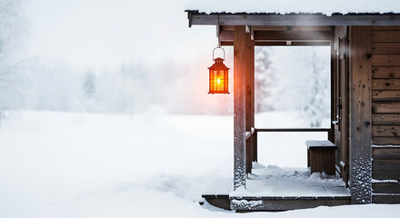 Cozy wooden cabin porch with a glowing lantern hanging outside during a heavy, peaceful winter snowstorm scene