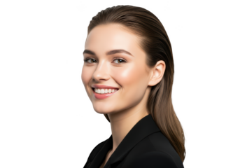 A woman with long brown hair smiling, wearing a black suit, beautiful, black, brunette, business suit, cosmetic, dress, girl, hair, ponytail, portrait, pose, smile, wear, woman 