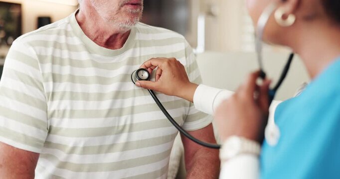 Stethoscope, senior man or hands of caregiver with medical evaluation, breathing or monitor heart rate. Retirement, exhale or people in nursing home for health check, lung function assessment or tool