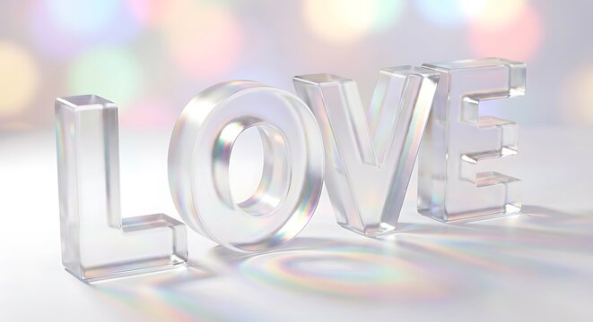 Three dimensional crystal clear glass letters spelling the word love resting on a reflective surface with soft pastel bokeh background lights