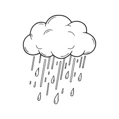 Hand-drawn rain cloud line art. Simple black and white doodle of falling raindrops. Weather vector illustration isolated on white background.
