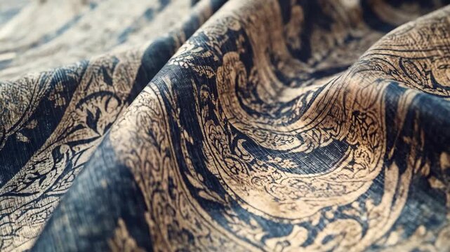 Vintage Thai Silk Fabric with Blue and Gold Embroidery