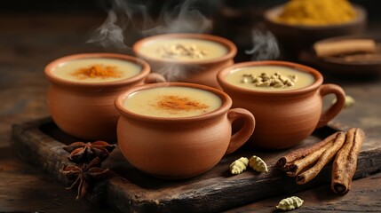 Chai tea served clay cups with steam Indian street background spices like cardamom and cinnamon around warm natural tones cultural authenticity