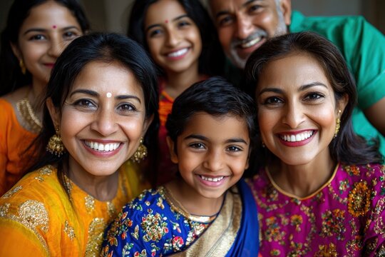 A multigenerational, multilingual family celebrating a cultural festival, traditional outfits, joyful expressions, vibrant setting