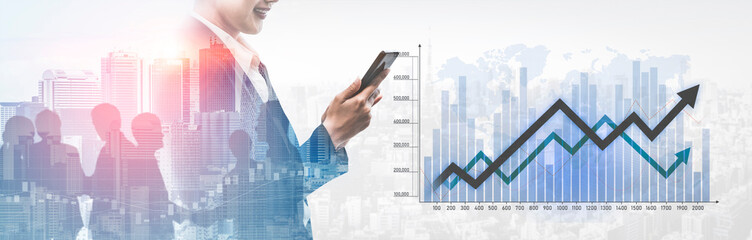 A businessman in a suit interacts with a smartphone, analyzing financial data and growth trends alongside modern skyscrapers in a vibrant urban environment. Scalp